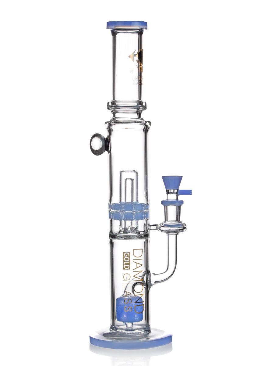 straight tube bong with ratchet perc, galaxy marble, and marshmallow perc by diamond glass