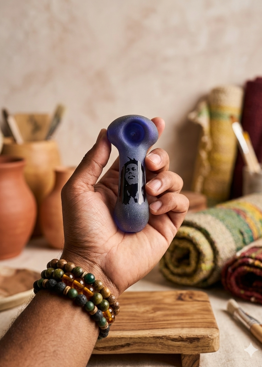Hand holding a small purple smoking pipe with a blurred background of rustic items.