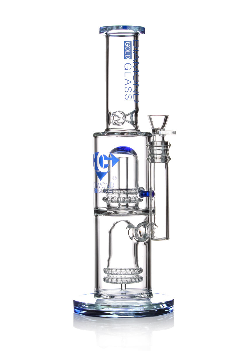 Quad showerhead straight tube bong by diamond glass in color blue. features 4 shower head percolators that gives it extra diffusion, resulting in a smoother hit.