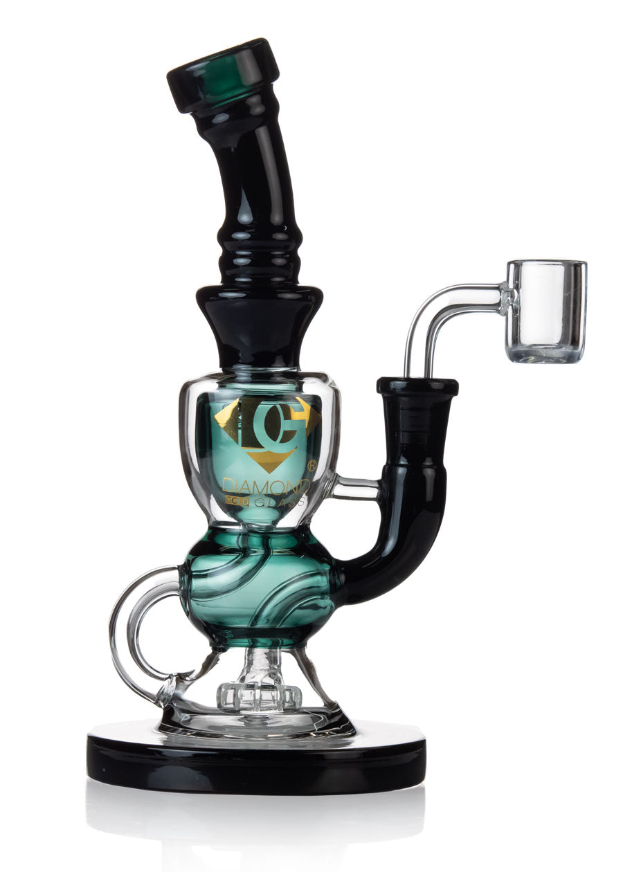 This image shows a recycler dab rig by diamond glass. It's teal in color, and features a cool incycler system