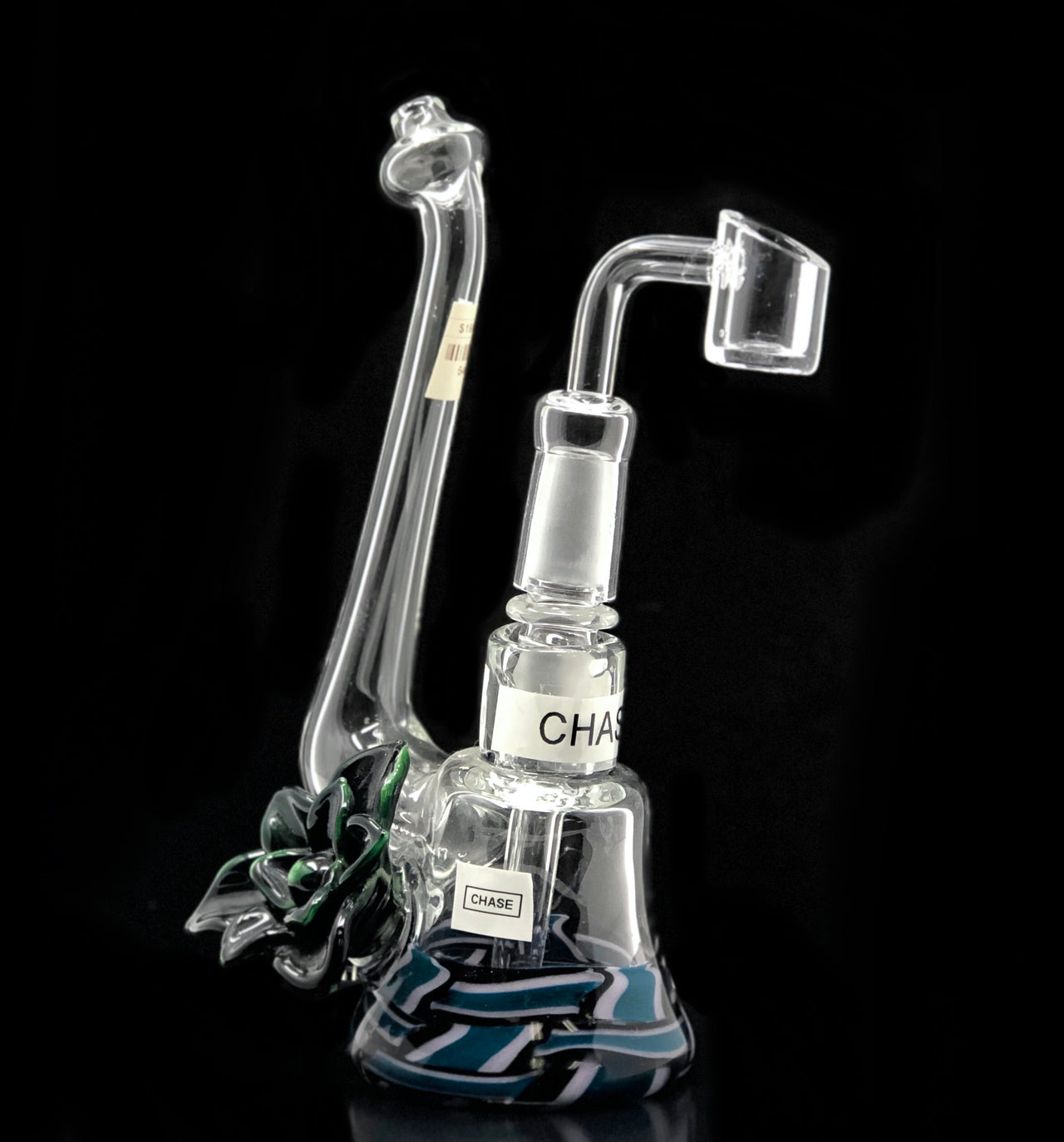 3D Glass art, sherlock style dab rig, with a fixed diffused downstem. American Glass, handmade and handblown.