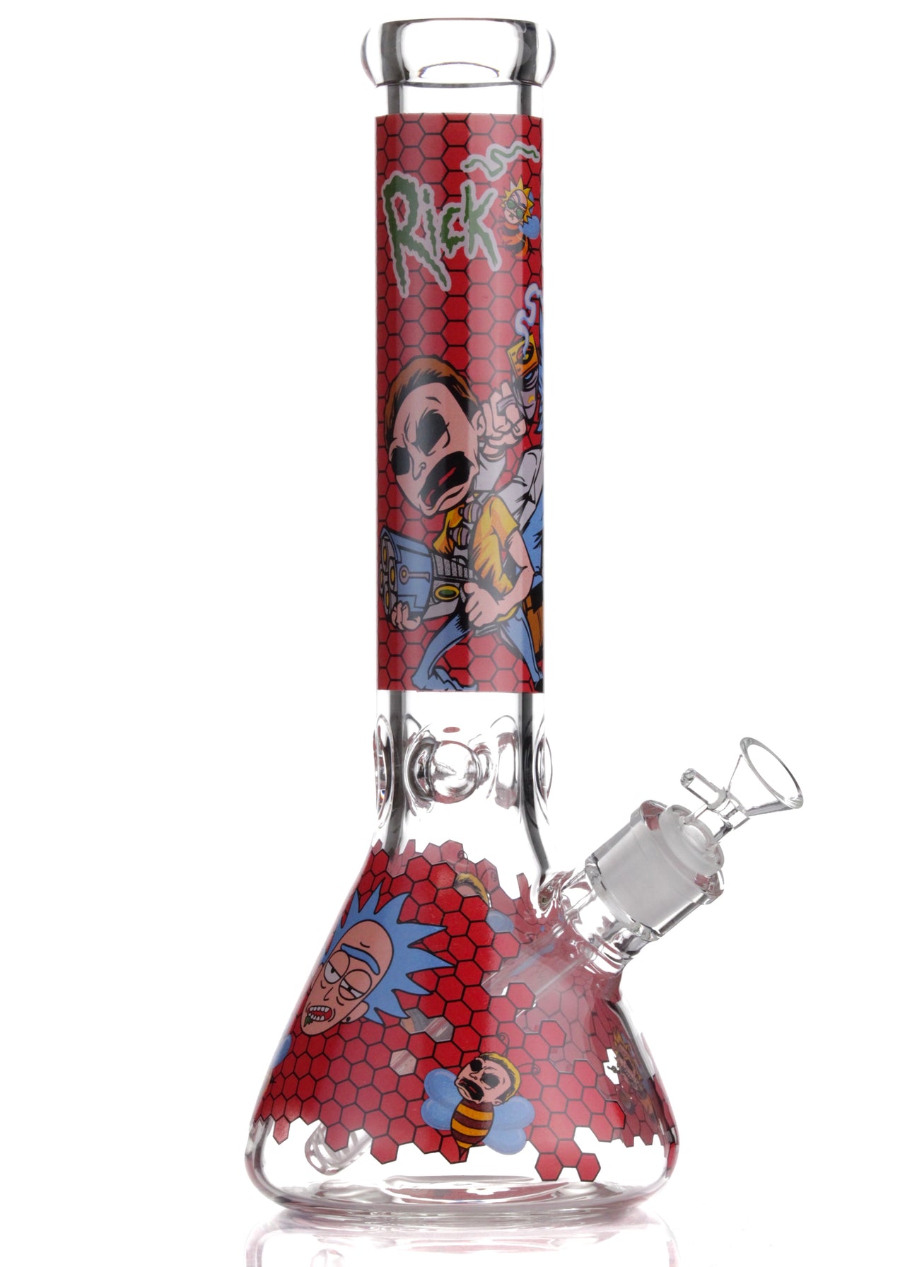 rick and morty 14 inch beaker bong with red honeycomb print